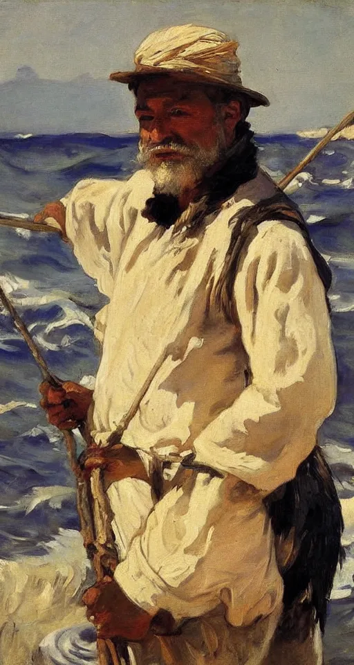 Image similar to orientalist portrait painting of a fisherman with a cormorant on his shoulder, by joaquin sorolla, in romantic style, sfumato, high detail, masterpiece