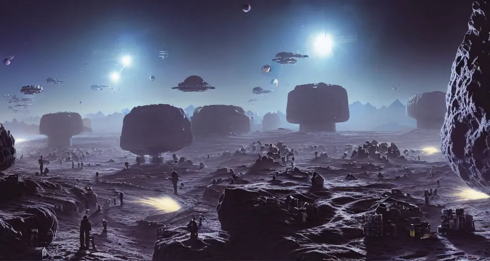 Prompt: a highly detailed digital matte painting of a mob of armed workers in power suits attacking a high-tech mining colony with extraction pumps and silos on the surface of an asteroid in space, by Raphael Lacoste and Stephan Martiniere and Peter Mohrbacher and Robert McCall, volumetric lighting, hyperdetailed, octane render, 8k H- 640