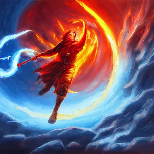 Image similar to Highly detailed oil painting, concept art, of a wizard casting a fireball spell, fighting against a huge ice giant, red and blue color scheme, concept art, highly detailed.