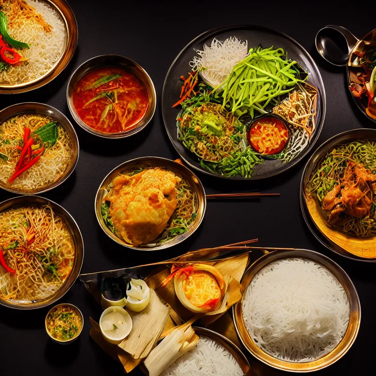 Prompt: close - up focused dslr photograph of an burmese dinner, 8 k, high detail, volumetric lighting, hyperrealism, aesthetically pleasing, studio lighting, trending