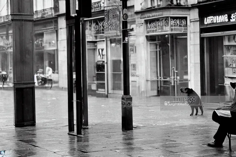 Image similar to a photograph of a dog in a business suit sat at the bus stop reading the newspaper, on a french parisian street in the morning on a rainy day, by henri cartier bresson, cinematic, beautiful lighting, leica