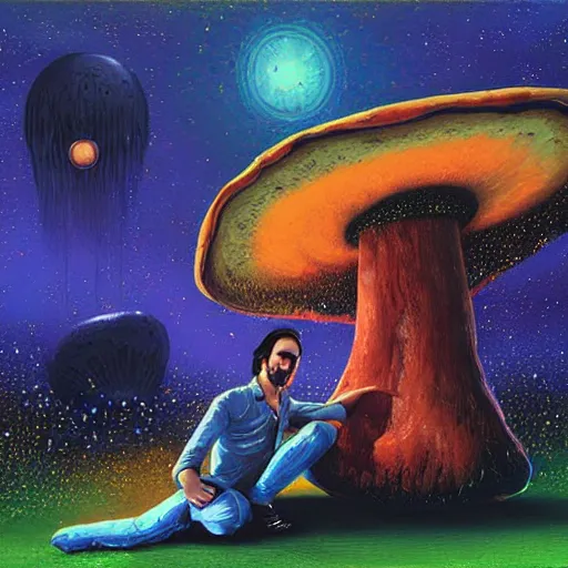 Image similar to Keanu Reeves sitting on a giant mushroom by paul lehr