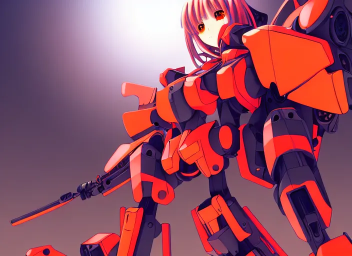 Image similar to anime girl with battle mech,Karolis Strautniekas, omoide emanon, tsuruta kenji, murata range,kawaii, kyoto animation, manga, intricate, detailed, studio lighting, orange red black white, gradation,editorial illustration, matte print, Ilya Kuvshinov