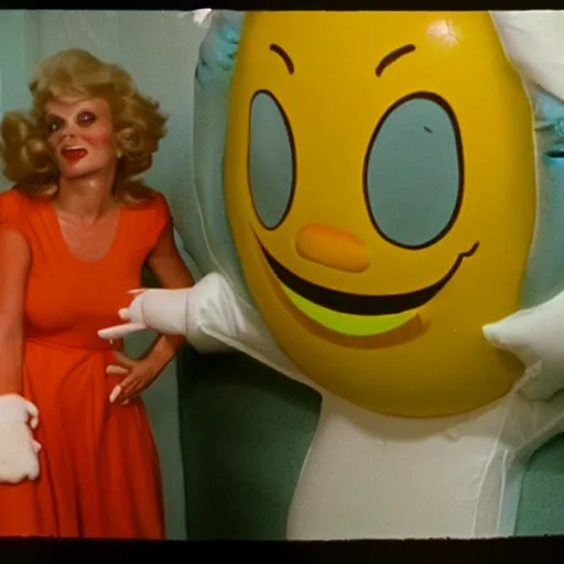 Prompt: bored housewife meets a smiley inflatable toy in a seedy motel room, 1982 color Fellini film, ugly motel room with bad art on the dirty walls, archival footage, technicolor film, 16mm, live action, John Waters, wacky children's tv campy comedy
