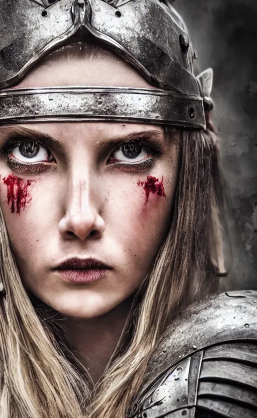 Image similar to photorealistic 3/4 photograph of beautiful female viking warrior with large sad gray eyes, bloody, cinematic, 28mm