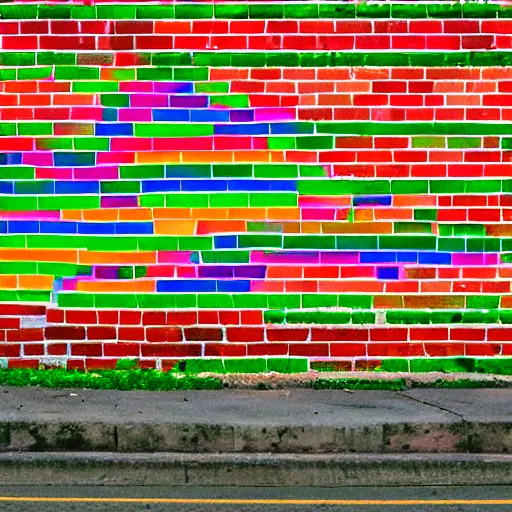 Prompt: a brick wall with rainbow coloured bricks