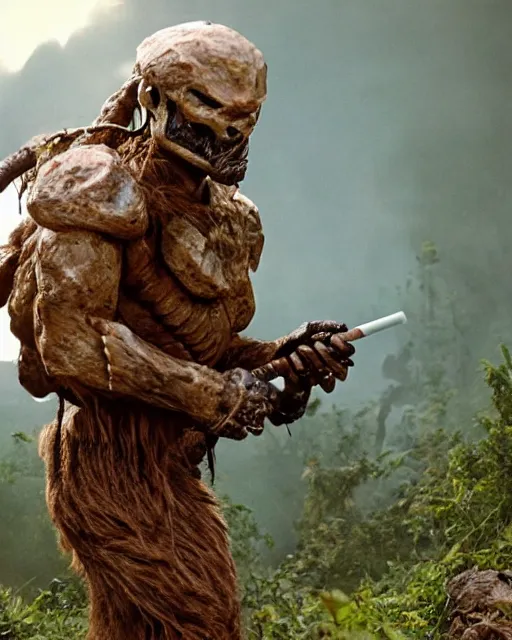 Image similar to cinematic, 4 k, full body portrait, rock golem as a soldier, on break smoking a cigarette, still from the movie predator