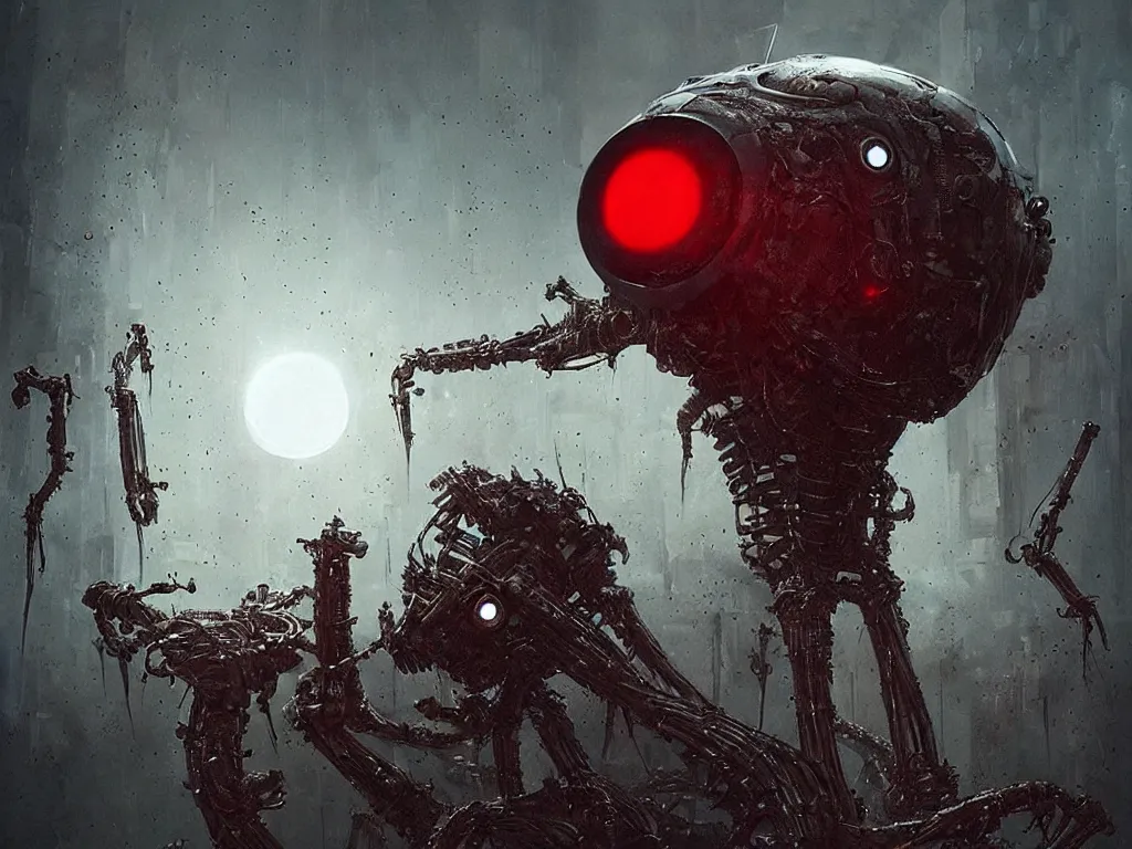 Image similar to an uncanny and sinister robot with red eyes and organic matter all over its body, by Greg Rutkowski and HR Giger, cinematic, horror, sci-fi, sharp focus, highly detailed