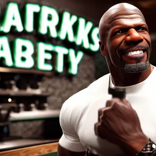 Image similar to Terry Crews working as a barista in a Starbucks, highly detailed, ultra realistic, 8k, render