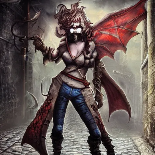 Image similar to dungeon and dragons rogue with covered face in an alley, hyper realistic, torn clothes, dirty, sweat, detailed face, red eyes, in the style of chris achilleos