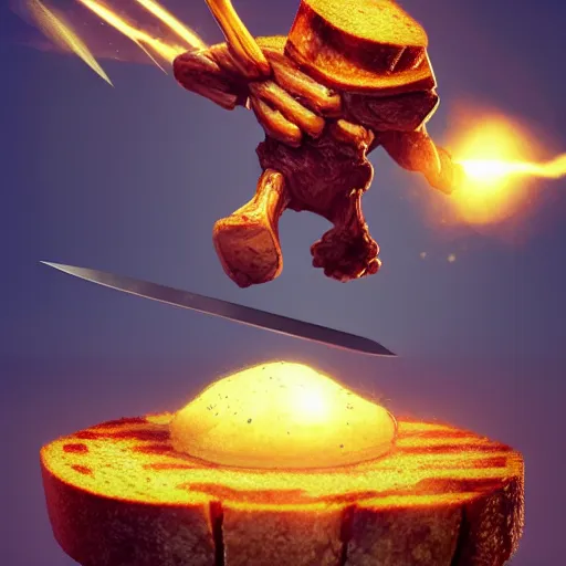 Prompt: battle toast, a slice of toasted bread with a face, arms and legs, holding a sword, cute, volumetric lighting, dynamic composition, fantasy, hyper detailed, ultra realistic, sharp focus, octane render, concept art by ruan jia and heng z and artem