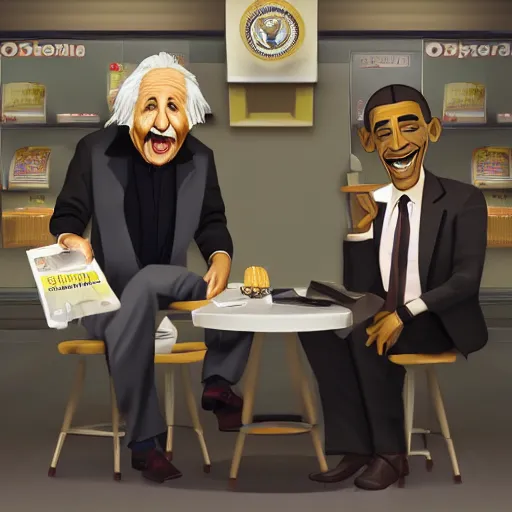 Image similar to Einstein and Obama taking a shit on table at McDonalds, ultra detailed, photorealistic, dramatic lighting
