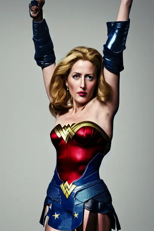 Prompt: full length photo of a beautiful badass 40-year-old Gillian Anderson dressed as wonder woman by Mario Testino and stanley lau, detailed, award winning, Sony a7R, trending on artstation