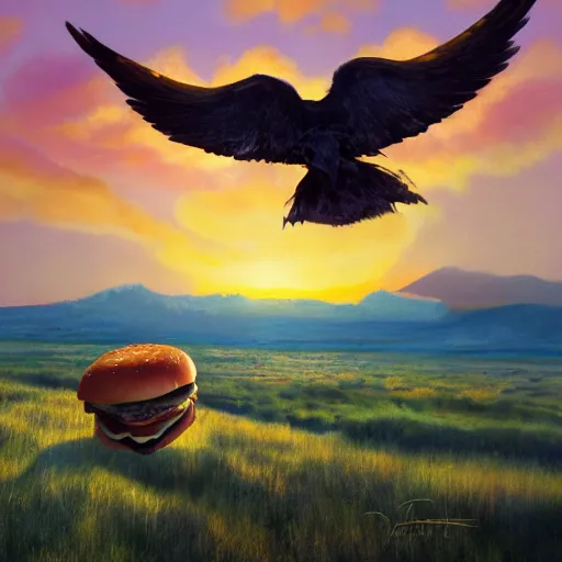 Image similar to a cheeseburger with wings, flapping its wings flying in sunset sky, oil on canvas, portrait, intricate, 8k highly professionally detailed, HDR, CGsociety