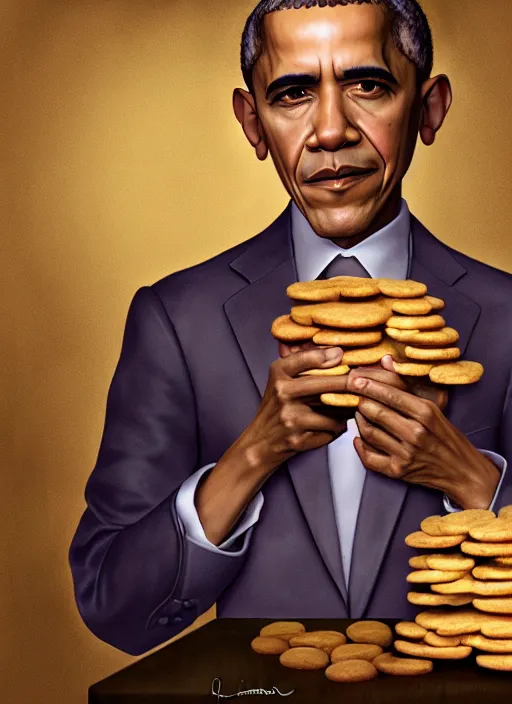 Image similar to highly detailed closeup portrait of obama as a fairytale medieval prince eating cookies, unreal engine, nicoletta ceccoli, mark ryden, lostfish, earl norem, global illumination, god rays, detailed and intricate environment