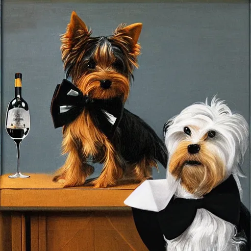 Prompt: a Yorkshire terrier on a yacht wearing a black bow tie holding a bottle of Dom Pérignon, extremely detailed masterpiece, illustration, by Michael Sowa,