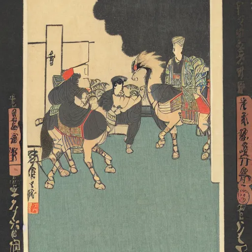 Prompt: late meiji period, colored woodblock print, arabian brigands