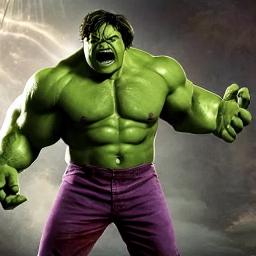 Image similar to jack black as the incredible hulk, movie still, action pose,