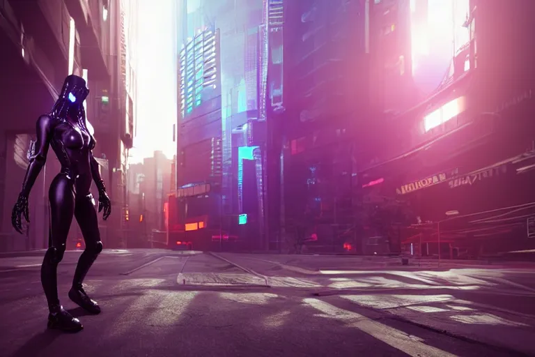 Image similar to cyberpunk alien concept inspired street, futuristic look, highly detailed body, very powerful, photorealistic camera shot, bright studio setting, studio lighting, crisp quality and light reflections, unreal engine 5 quality render