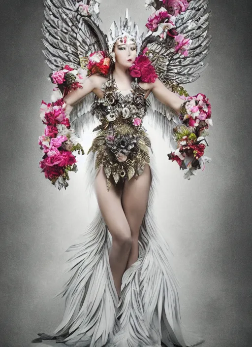 Prompt: full body environmental portrait photo of a goddess as angel, ornate headpiece made from flowers, ornaments, glamour shot by gemmy woud - binnendijk, chris knight, photorealistic, canon r 3, fashion photography, ornate, elegant, luxury and elite, symmetrical features, octane render, unreal engine, solid dark grey background, dramatic lights