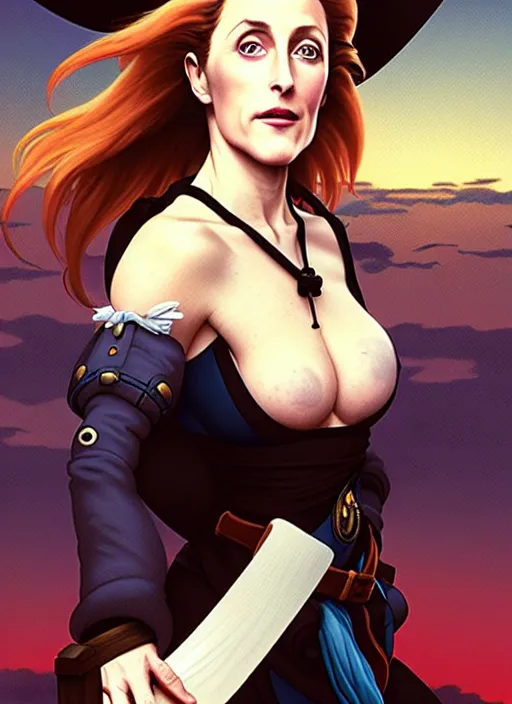 Image similar to cute gillian anderson as a pirate wearing black. parrot on his shoulder, natural lighting, path traced, highly detailed, high quality, digital painting, by don bluth and ross tran and studio ghibli and alphonse mucha, artgerm