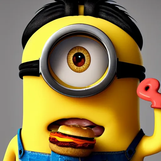 Prompt: A minion eating an hamburger, highly detailed