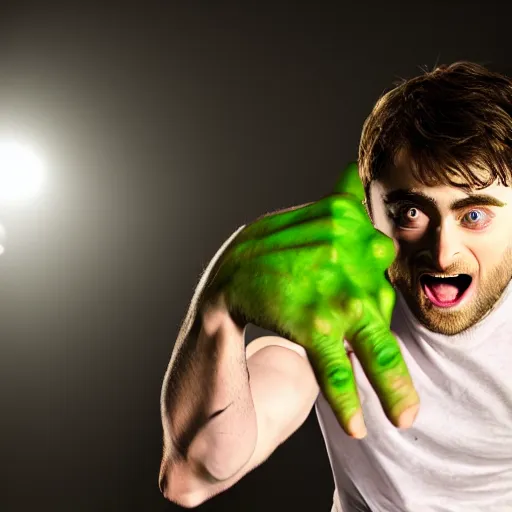 Image similar to daniel radcliffe as hulk, photo from a promo shoot, studio lighting, black background