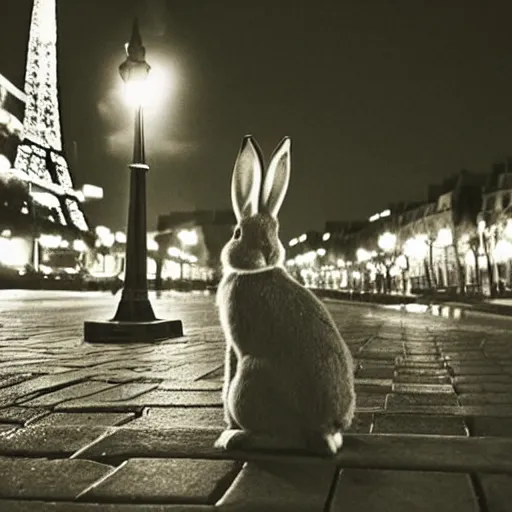 Image similar to a rabbit sitting outside a cafe in paris at night, the eiffel tower is visible in the background, black and white photograph