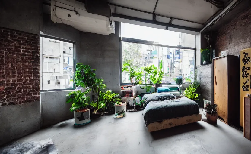 Image similar to maximalist interior of a japanese bedroom, concrete, cyberpunk, japanese neon signs, retro futuristic, old brick walls, bed, cupboards, rough wood, grey, anthracite, turquoise, akihabara style, swedish style, green plants, window with a view of apartment blocks, 8K