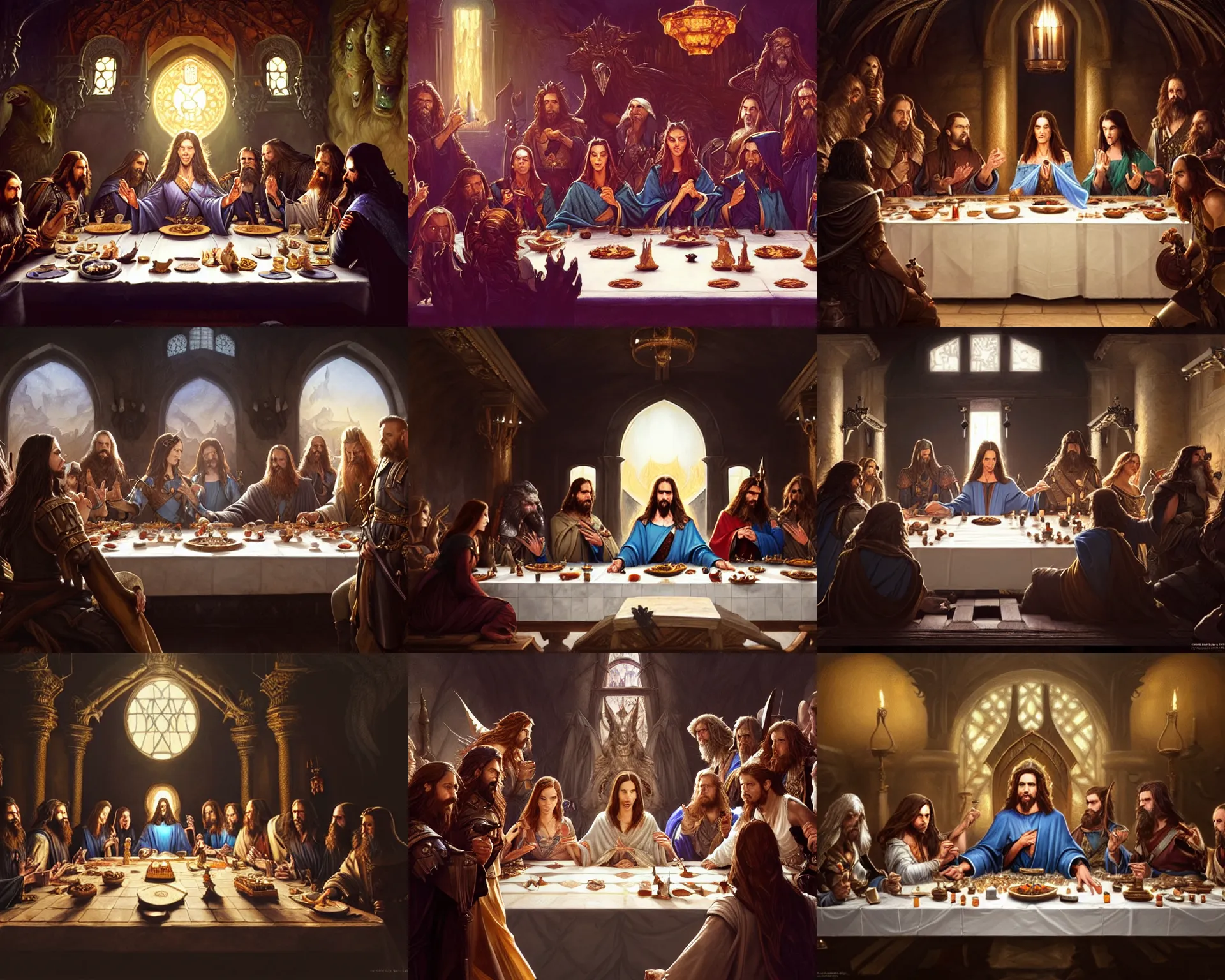 Prompt: dnd last supper, kate beckinsale as majesty at center, dnd characters and monsters around, 8 k, deep focus, d & d, fantasy, intricate, elegant, highly detailed, digital painting, artstation, concept art, matte, sharp focus, illustration, hearthstone, art by greg rutkowski and alphonse mucha