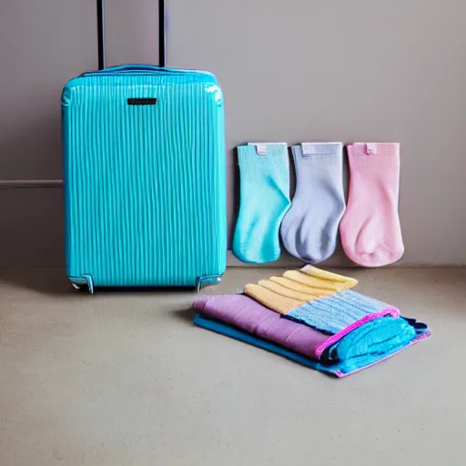 Image similar to a pastel coloured Polaroid holiday snap of a iridescent suitcase that it open and revealing rows of neatly folded socks