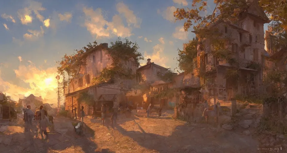 Image similar to craig mullins and ghibli digital art, village of lourmarin at sunset unreal engine, hyper realism, realistic shading, cinematic composition, realistic render, octane render, detailed textures, photorealistic, wide shot