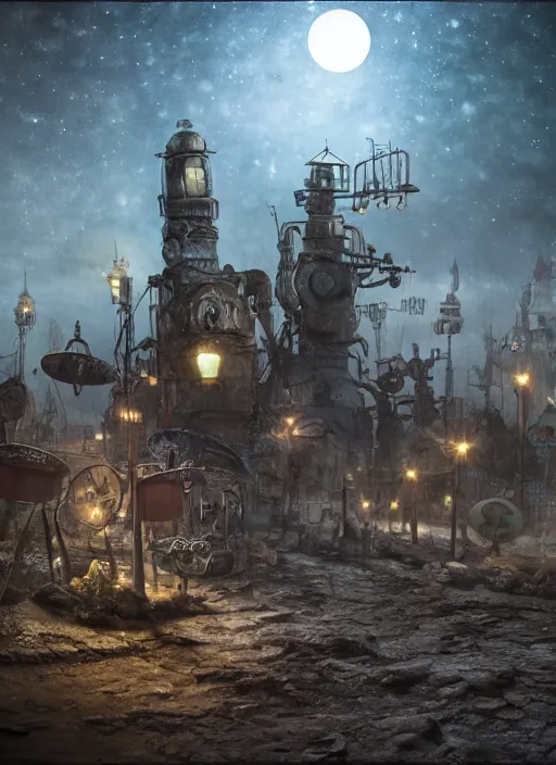 Image similar to Alexander Jansson style, A lunar landscape, darkness, nocturnal lighting, colored spotlights, psychdelic lights, gloom, fast food stalls and street market, extraterrestrials with psychedelic costumes walking and old robots buying and eating, realistic, many details, octane Render Ultra Detailed detailed detailed, Unreal Engine 5, HDRI,