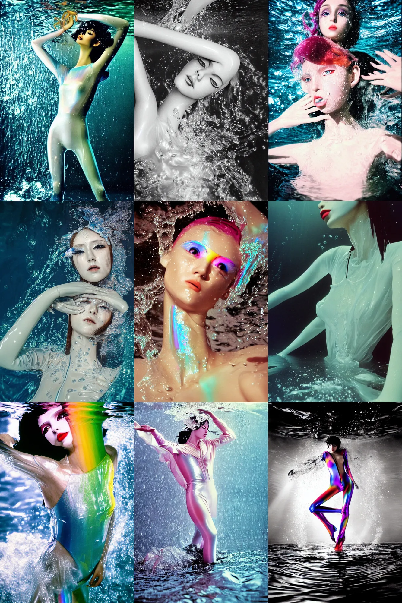 Prompt: Beautiful Sergey Piskunov style seinen manga Fashion photography portrait paris(1980) movie still from underwater scene of mannequin dancer, wearing refracting rainbow diffusion wet plastic Balenciaga designed specular highlights anti-g jump suit, half submerged in heavy nighttime floods, water to waste, , épaule devant pose;pursed mouth; mercury white;,pixie hair,;oversized emerald eyes;eye contact;,petite nose; by Nabbteeri, ultra realistic, Panavision Panaflex X , Technicolor, 8K, 35mm lens, three point perspective, chiaroscuro, highly detailed, by moma, by Nabbteeri