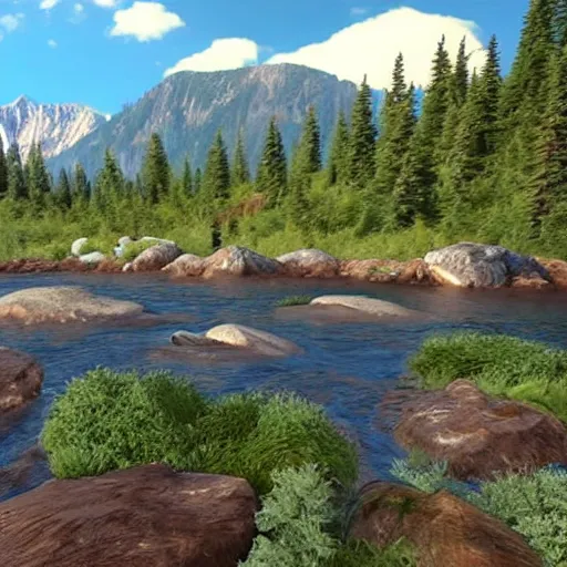 Prompt: « mountain in the background, a river in the middle ground, trees, a bear near a tree, glowing light, photorealistic, unreal engine 5, sharp focus, some rocks in the river, some birds in the sky, far »