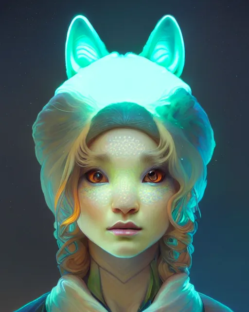 Prompt: one singular portrait of a cute bioluminescent 🦊, highly detailed, digital painting, cinematic, hyper realism, dark retrowave, art by Stanley Lau and Artgerm and magali villeneuve and Alphonse Mucha, artstation, octane render, cgsociety