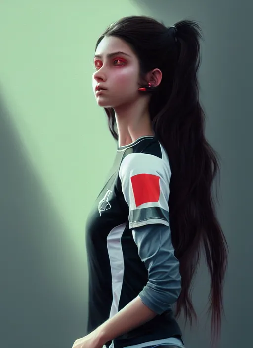 Image similar to ultradetailed beautiful painting of a stylish young lady wearing a sport top, dramatic, she has black long hair, distressed, volumetric light, full body portrait by greg rutkowski, ilya kuvshinov, james jean, makoto shinkai, on artstation