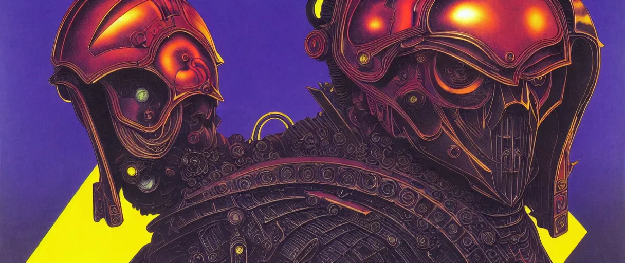 Prompt: composition of gothic and futuristic young mainem, warhammer, cyber armor, scars, thunderstorm, blue head, fire eyes, some red and purple and yellow, the middle ages, highly detailed, artstation, in the style of moebius, jugendstil and classic japanese print, art by rene magritte and max ernst