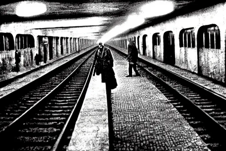 Prompt: photo from 1 9 6 5. very large giant mutant zombie irradiated ( angry rat ) staying on railways in tonnel of moscow subway. extreme high detail, very realistic. extreme long shot, low dark light, scary mood, anish kapoor, herman nitsch.