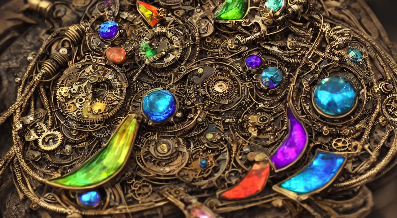 Image similar to steampunk jewelry with rainbow colours, macro photography, F/2.8, depth of field, trending on artstation, octane render