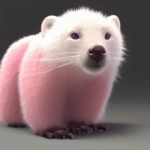 Image similar to white mink with necklace of pink bacteria, unreal engine, staring at camera, matte background, high symmetry, 8k