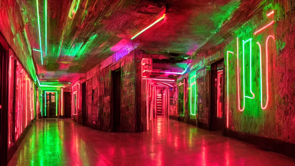 Prompt: detailed photograph of a extremely narrow nightclub hallway with a ( ( neon ) ) sign, aztec architecture, dimly lit