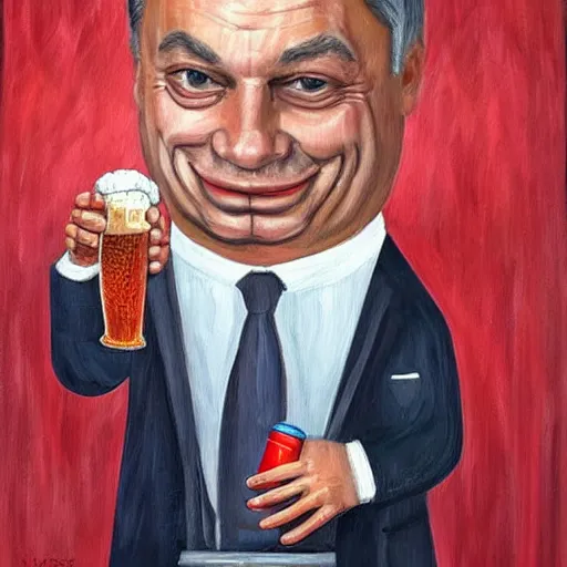 Image similar to viktor orban with a beer, anatomically correct, oil painting, highly detailed