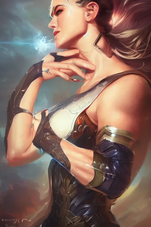 Image similar to three quarters portrait pose of a beautiful woman, strong body,super heroine costume,super powers, fantasy, intricate, elegant, highly detailed, digital painting, artstation, concept art,shining, sharp focus, illustration, art by Stanley Lau