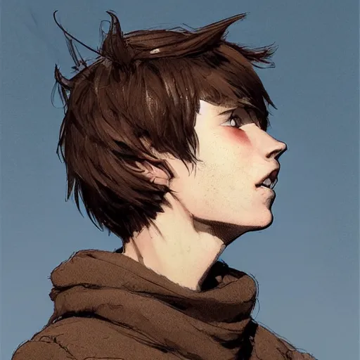 Image similar to portrait of a very masculine teenage girl with blue eyes and brown hair, short men's haircut, with a big nose, smiling, wearing an oversized sweater, dramatic lighting, illustration by Greg rutkowski, yoji shinkawa, 4k, digital art, concept art, trending on artstation