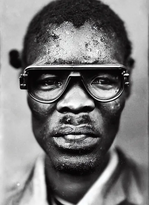 Prompt: dreamy close up portrait of a congolese mine worker with safety glasses, photo realistic, elegant, award winning photograph, parallax, cinematic lighting, ambrotype wet plate collodion by martin shuller, richard avedon dorothe lange and and shane balkowitsch