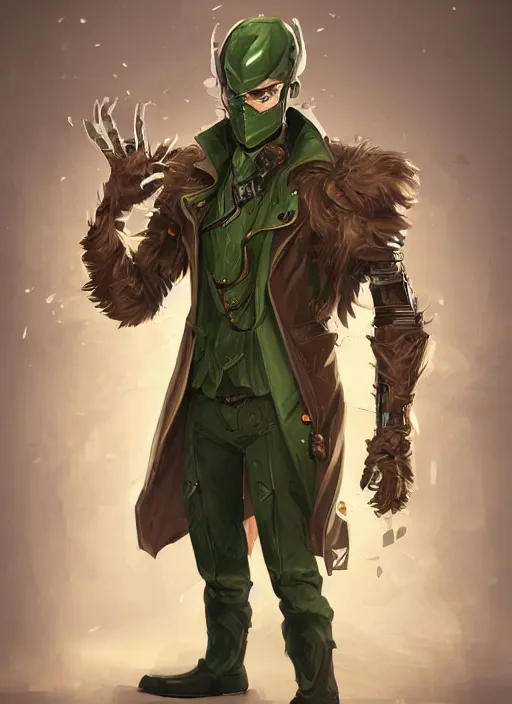 Image similar to a highly detailed illustration of thick wavy brown haired young white guy wearing brown detective trench coat and wearing dark green mask, with many long mechanical arms on his back, dramatic standing pose, intricate, elegant, highly detailed, centered, digital painting, artstation, concept art, smooth, sharp focus, league of legends concept art, WLOP