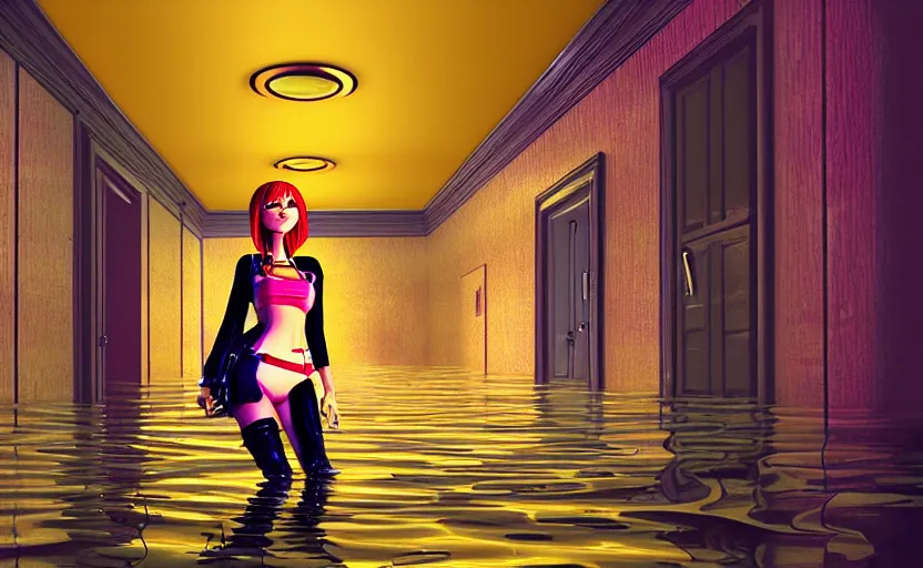 Prompt: sally from cars in a flooded fractal hallway, romance novel cover, in 1 9 9 5, y 2 k cybercore cutecore, low - light photography, still from a ridley scott movie