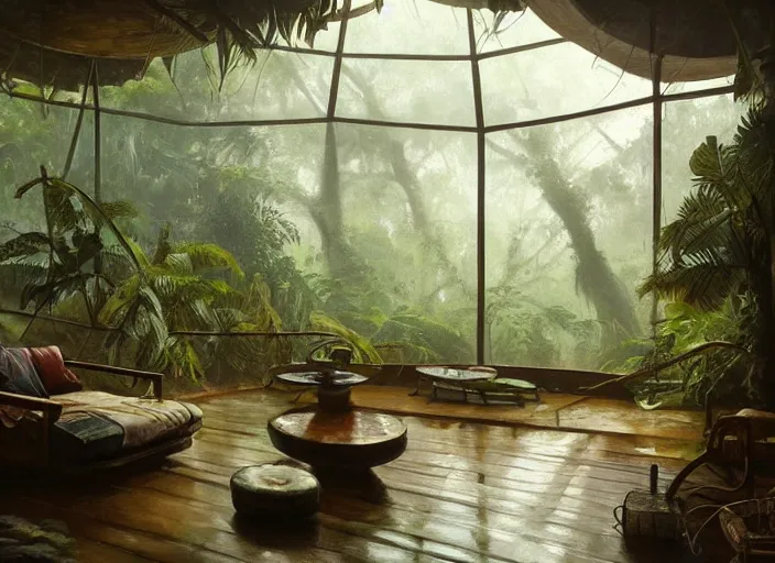 Image similar to a beautiful painting of the interior of a geodesic house in a moist tropical rainforest, living room, by greg rutkowski, realism, artstation, nature