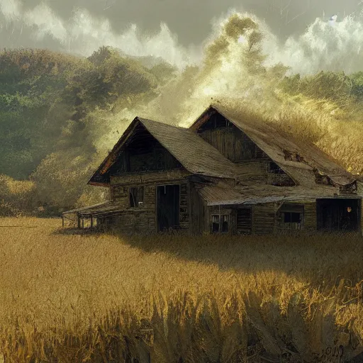 Image similar to reality tearing itself apart on a small corn farm, ominous, end of world, craig mullins